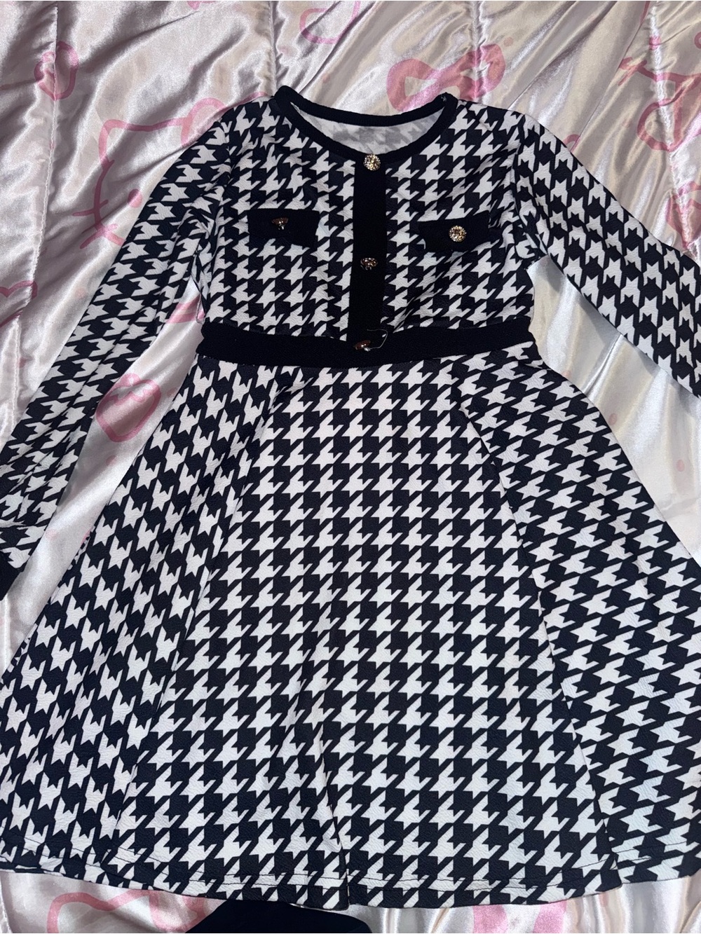 SHEIN Black and White Houndstooth Long Sleeve Fit-and-Flare Dress